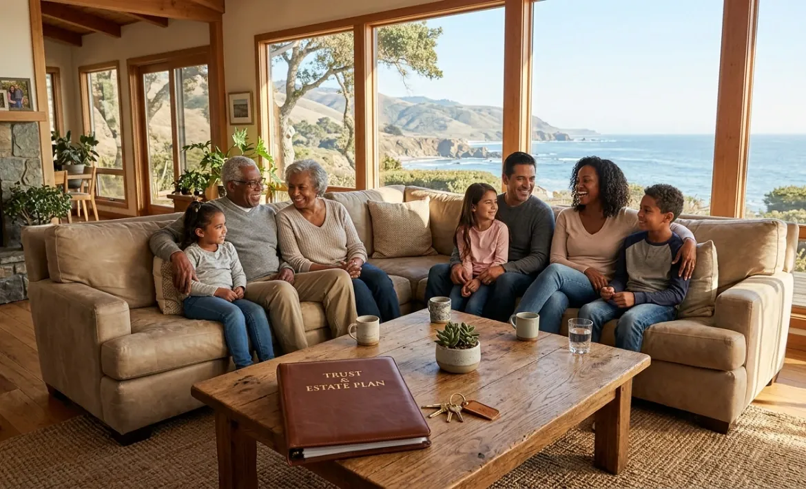 Multigenerational California family discussing trust and estate plan together in coastal living room with ocean view